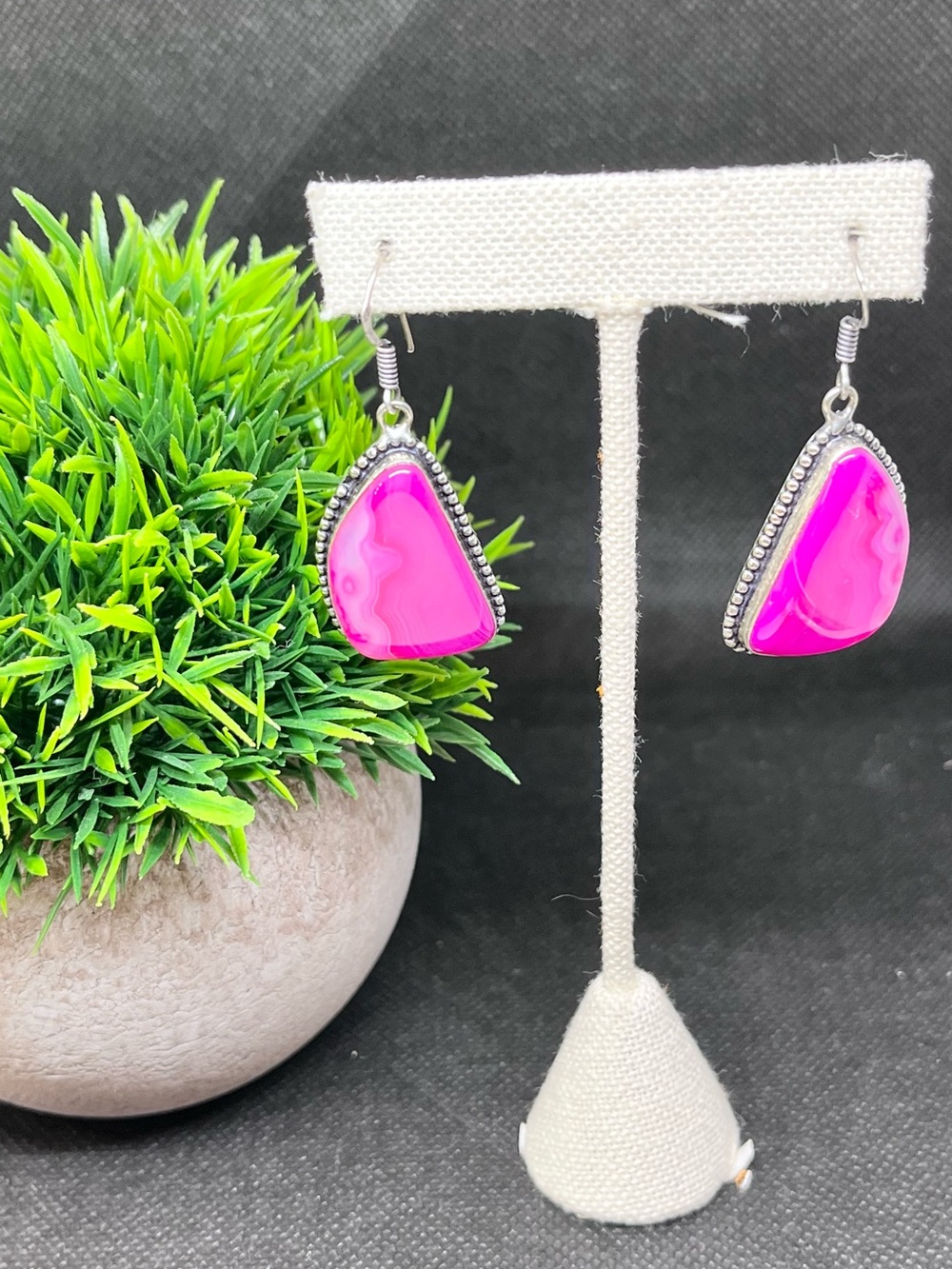 Hot Pink Botswana Agate Dangle Earrings set in Silver